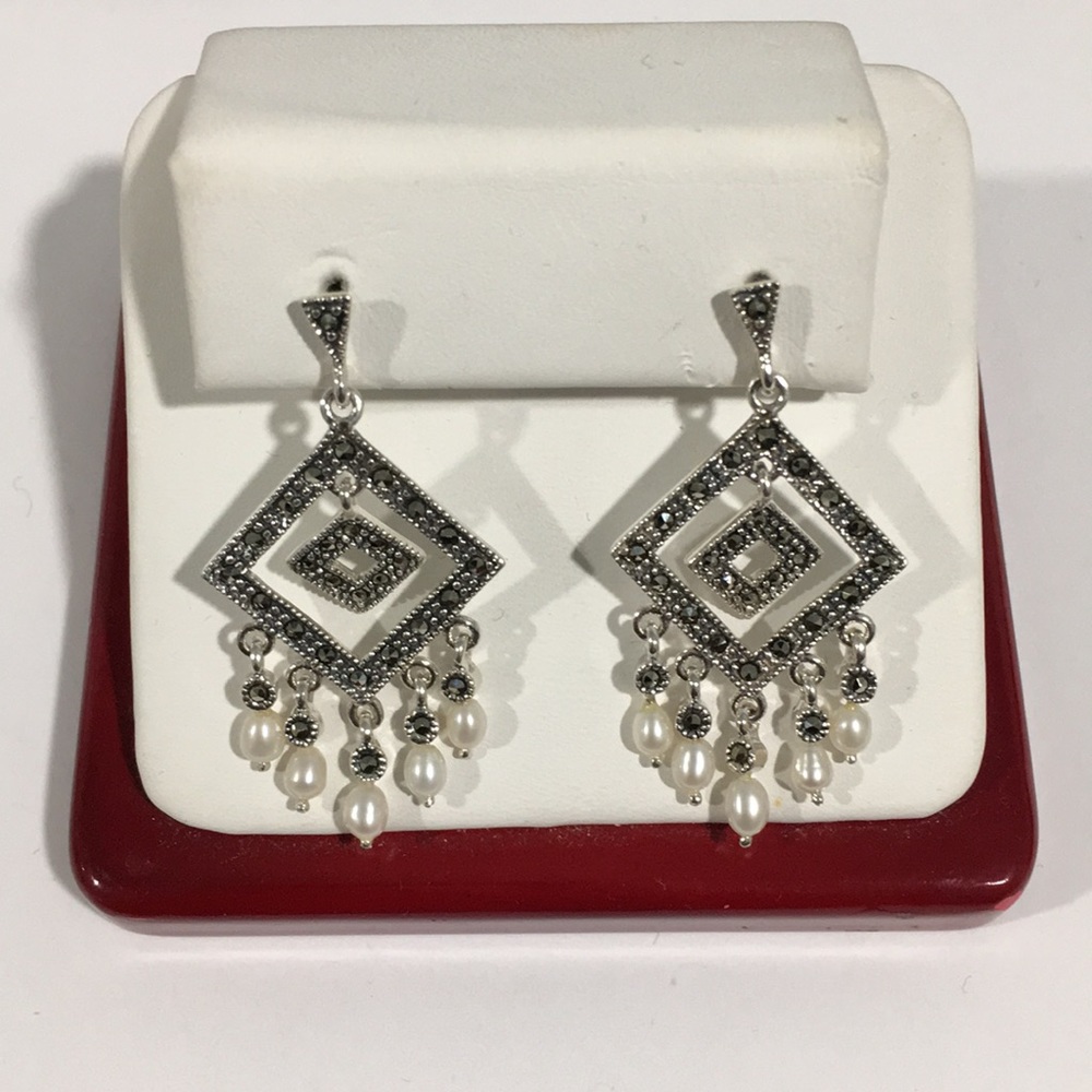 Vintage Sterling Silver Dangling Earrings W/Pearls